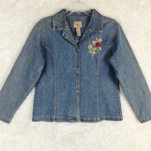 United Apparel Womens Jean Jacket Denim Blue Embroidered‎ Floral Collar Fitted S